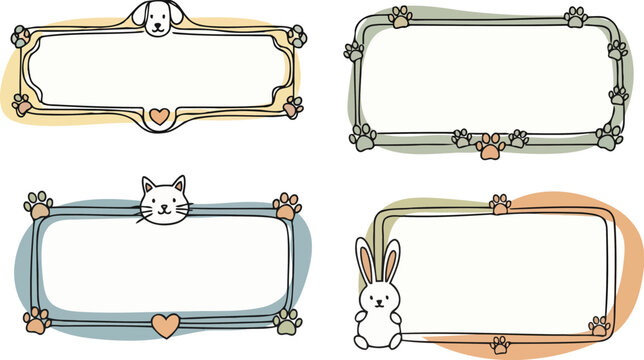 Pastel doodle creature labels with adorable hound kitty and hare heads