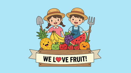 Fototapeta premium Two happy children in straw hats hold garden tools and stand proudly with fresh fruits, showcasing their love for farming and healthy eating in a colorful, inviting style.
