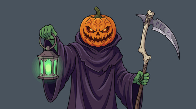 A captivating depiction of a cloaked figure with a glowing pumpkin head, holding a lantern, evoking thoughts of Halloween, mystique, and seasonal spirit.