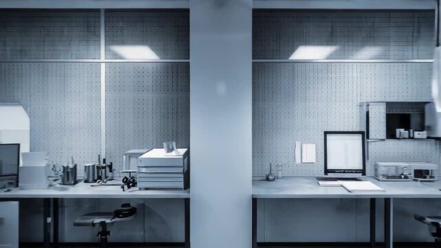 Modern scientific laboratory with microscopes and computer workstations on clean benches, sterile blue gray interior prepared for research, testing, discovery and medical innovation