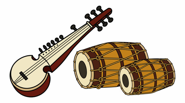 This image showcases a traditional string instrument alongside two drums, highlighting the rich cultural heritage of music and its role in artistic expression across different communities.