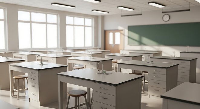 A bright and empty science laboratory classroom with multiple lab benches and a green chalkboard.