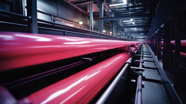Industrial machinery featuring a series of vibrant pink pipes moving along a metal structure inside a modern factory, illustrating continuous manufacturing processes and technology