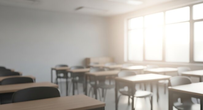 Empty classroom with desks and chairs bathed in bright sunlight from a large window.