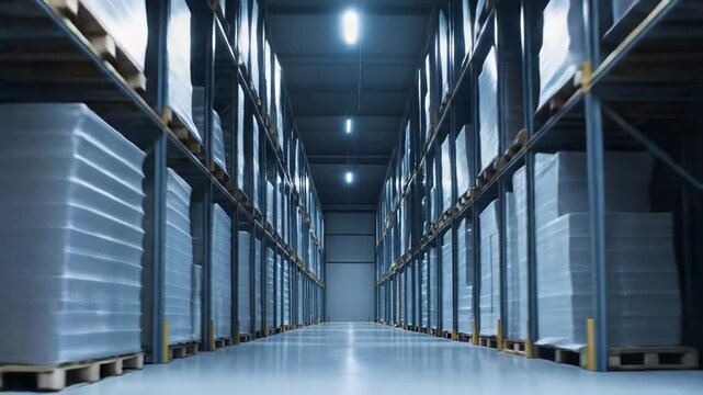 Warehouse interior showing long rows of metal shelving racks holding numerous stacked pallets with goods wrapped in protective film, emphasizing logistics efficiency and supply chain management