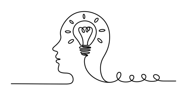 A continuous line drawing of a human profile with a glowing light bulb representing big ideas Vector, illustration
