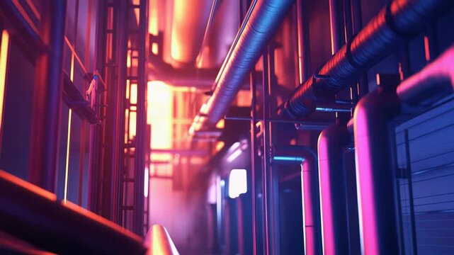 Industrial pipeline system creating a complex network for energy and liquid transfer, illuminated by glowing pink and blue neon colors in a dark environment