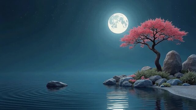 Floating Bonsai Sanctuary &ndash; Moonlit Zen Water with Sakura Tree and Gentle Ripple Night Meditation Loop Background
