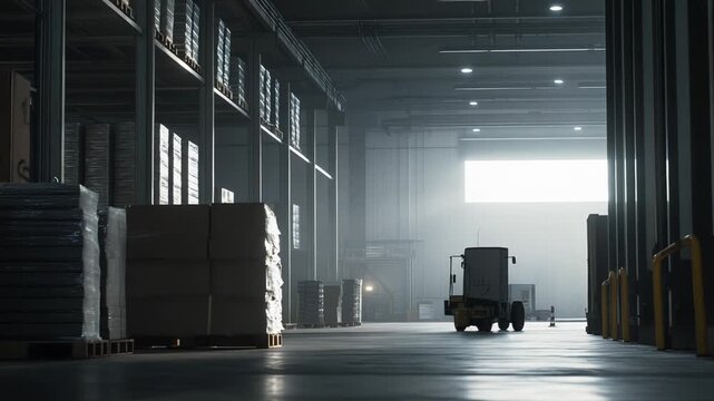 Large, empty storage warehouse interior featuring tall metal racks stacked with boxed goods and wrapped pallets, illuminated by bright natural light, implying efficient logistics and shipment