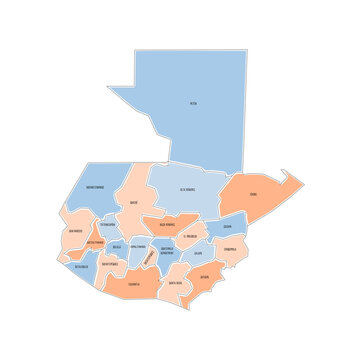 Guatemala political map of administrative divisions - departments. Colorful handdrawn doodle style map with black outline borders and name labels.