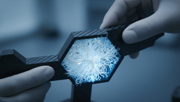 Gloved Hands Holding Hexagonal Crystal Structure