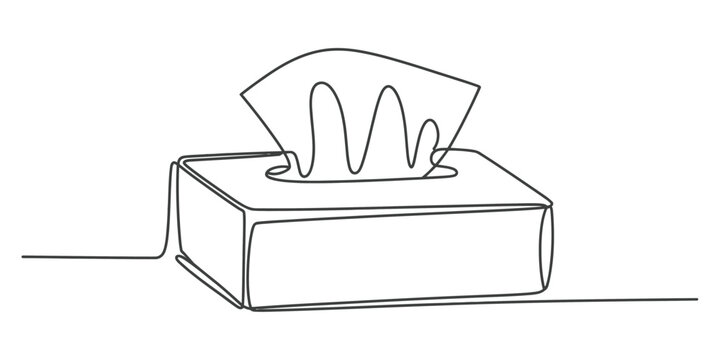A continuous line drawing of a rectangular tissue box with a single sheet pulled out for hygiene Vector, illustration