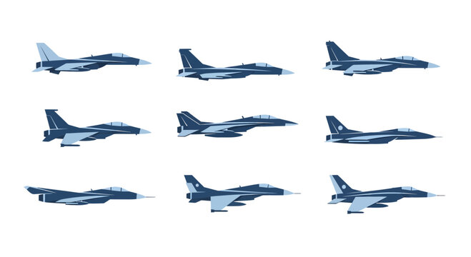 Modern Military Jet Fighter Aircraft Set, Air Force Stealth Plane Silhouettes Vector