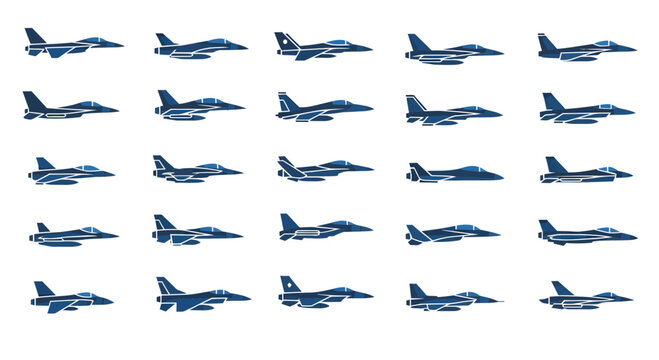 Military Fighter Jet Icons Set, Modern Air Force Aircraft Silhouettes Vector