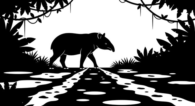 Tapir walking on jungle path.