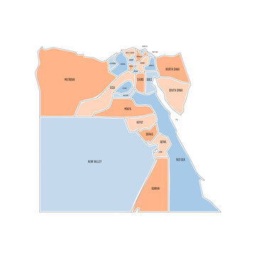 Egypt political map of administrative divisions - governorates. Colorful handdrawn doodle style map with black outline borders and name labels.