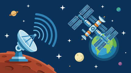This vibrant illustration showcases a satellite in orbit around Earth, along with a ground station sending signals into space, emphasizing technology and exploration themes. © Jingzhan