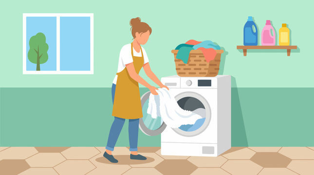 A woman in an apron sorting laundry with a basket, showcasing everyday life tasks and domestic activities, representing organization and routine in home management.
