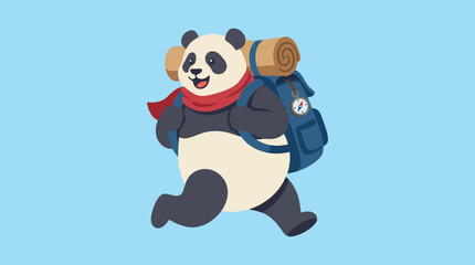 This charming illustration features a joyful panda character, merrily running with a backpack and sleeping roll, symbolizing adventure and exploration in nature. © Jingzhan