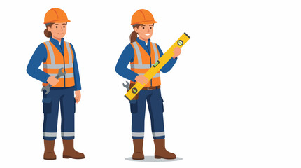 A confident construction worker stands poised with a level tool and a wrench, representing professionalism and dedication in an engaging and colorful illustration. © Jingzhan