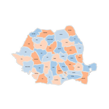 Romania political map of administrative divisions - counties and autonomous municipality of Bucharest. Colorful handdrawn doodle style map with black outline borders and name labels.