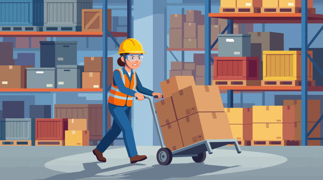 A dedicated warehouse worker efficiently transporting boxes, showcasing hard work, diligence, and the importance of logistics and organization in a warehouse environment.