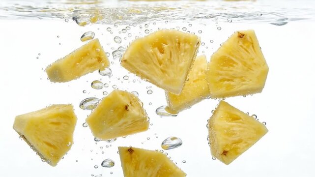 pineapple pieces floating in water with air bubbles slow motion video