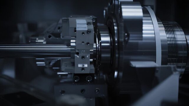 Close up view of a high tech industrial machine engaging with metal components, representing advanced precision engineering and manufacturing processes in a factory setting
