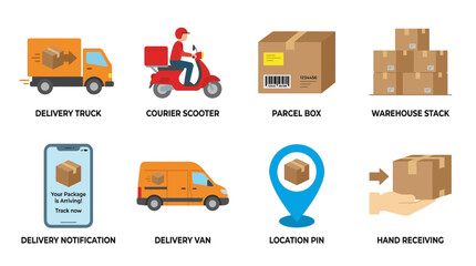 Vector illustration of a delivery process with a courier scooter, truck, and van transporting parcel boxes to a location marked by a pin.