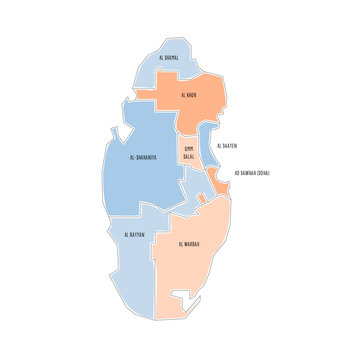 Qatar political map of administrative divisions - municipalities. Colorful handdrawn doodle style map with black outline borders and name labels.