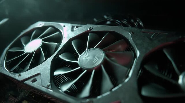Graphics processing unit - gpu - on a motherboard with three cooling fans and subtle smoke highlighting its powerful hardware components for computing and gaming