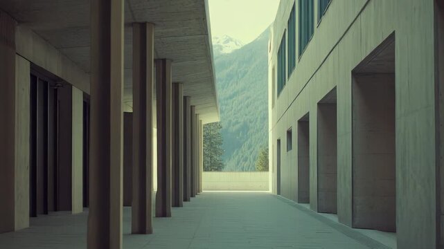 Modern concrete building with a long colonnade and adjacent structure forming a minimalist pathway that frames a distant mountain and lush forest vista
