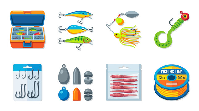 Fishing tackle box with lures and hooks on a table with vector graphics