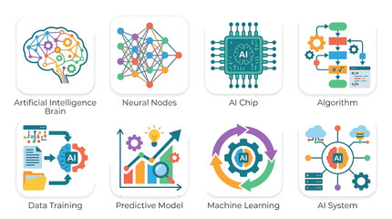 Obraz premium Vector graphics illustrating artificial intelligence concepts with neural nodes and machine learning algorithms in a futuristic technology landscape.