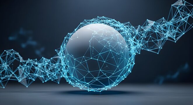 Futuristic 3D abstract illustration of a central white sphere surrounded by a complex blue digital network of glowing lines and nodes, representing AI, big data, and global connectivity