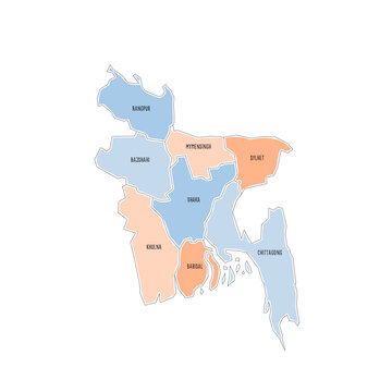 Bangladesh political map of administrative divisions - divisions. Colorful handdrawn doodle style map with black outline borders and name labels.