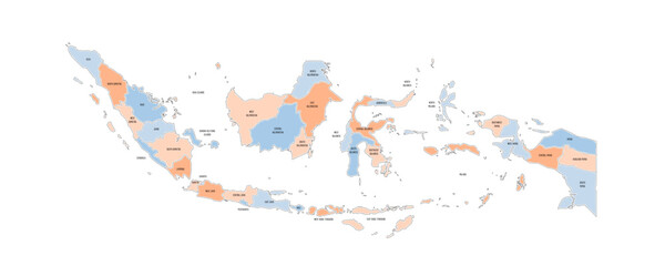 Obraz premium Indonesia political map of administrative divisions - provinces and special regions. Colorful handdrawn doodle style map with black outline borders and name labels.