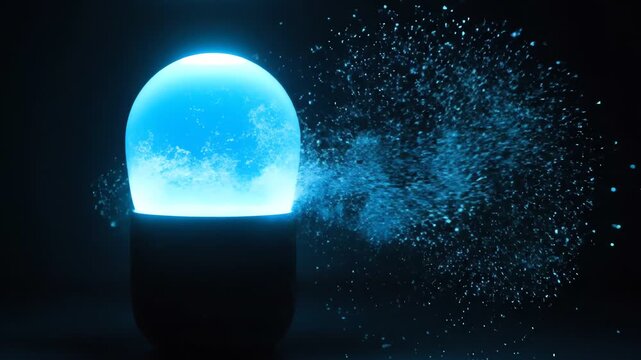A luminous capsule of blue light, partially shattered, emitting particle-like streams against a dark background, suggestive of energy and transformation