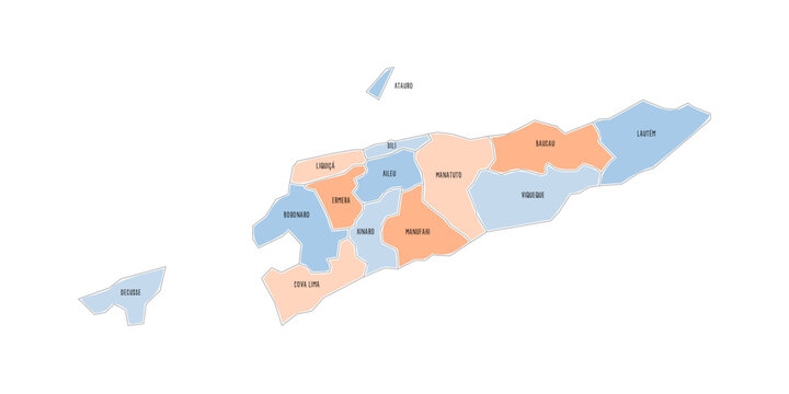 East Timor political map of administrative divisions - municipalities and Special Administrative Region Oecusse-Ambeno. Colorful handdrawn doodle style map with black outline borders and name labels.