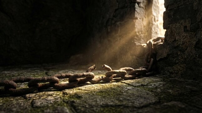 Sunbeams pierce through a dark dungeon, illuminating broken chains on a stone floor, symbolizing freedom and hope