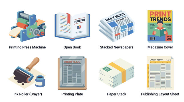 A vector graphic illustration of a printing press machine with an open book, stacked newspapers, and a magazine cover, showcasing ink roller, printing plate, paper stack, and publishing layout sheet.