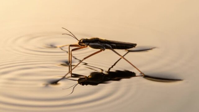 Pond Skater insect close up floating in the water lake golden hour