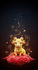Fototapeta premium Golden goat figurine sitting on red cloud with magical sparkles and swirling mist. Charming goat illustration symbolizes prosperity and good fortune for the Chinese New Year celebration.