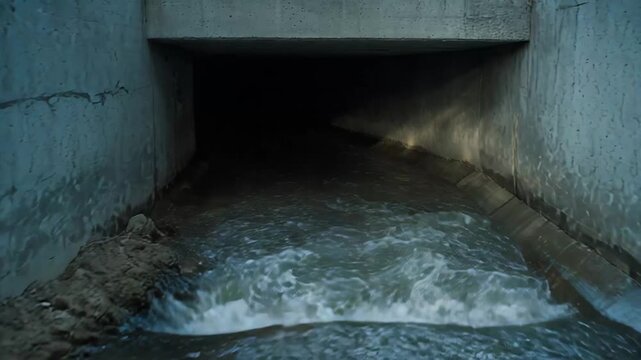 Water rushing through a dark concrete tunnel, urban drainage and sewer conduit conveying runoff in a gloomy, industrial underground channel with wet, textured walls