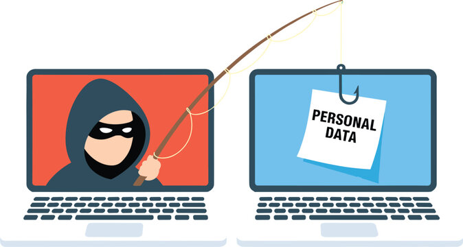 Cybersecurity phishing attack illustration, hacker stealing personal data, online scam, identity theft concept, internet security risk, data breach protection awareness