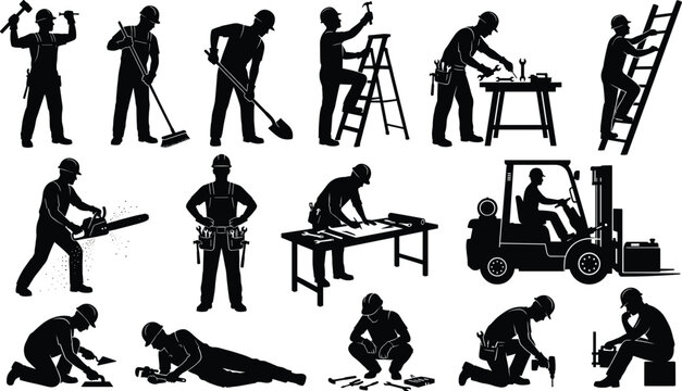 Black silhouette collection of construction workers using various tools including forklift ladder chainsaw and workbench for industrial building site and repair