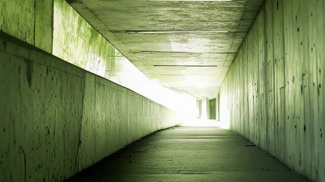 Long concrete underpass creating a strong perspective with leading lines, guiding the viewer's eye towards a mysterious bright light at the end of the walkway