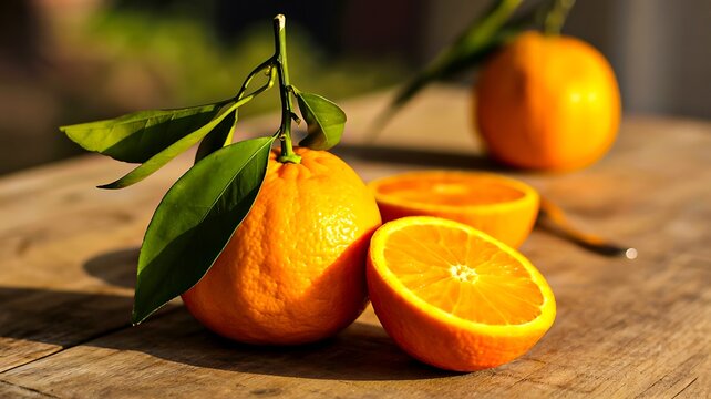 Fresh oranges with leaves on wooden table healthy fruit concept