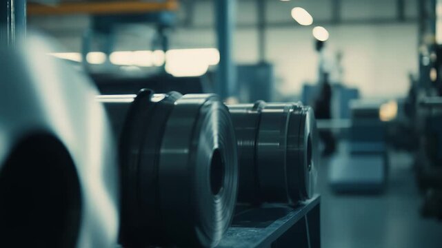 Steel coils stacked on racks in a modern factory, highlighting industrial production, metallurgy and precision manufacturing with shiny metallic surfaces and automated equipment