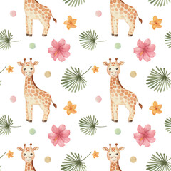 Seamless childish watercolor pattern with Giraffe, flowers and leaves. Cute pattern, wild animal, African safari  © Sweet